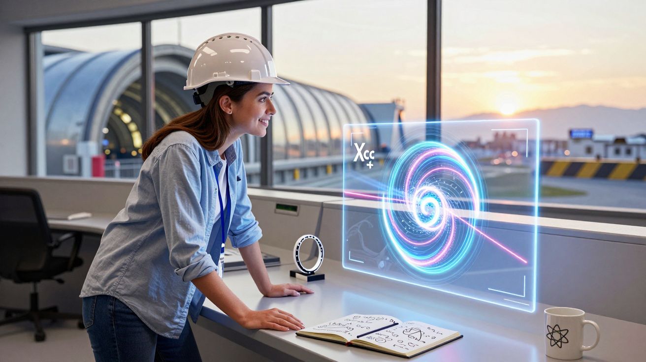 Mulher com capacete observa holograma científico numa sala moderna com anotações e caneca na mesa.