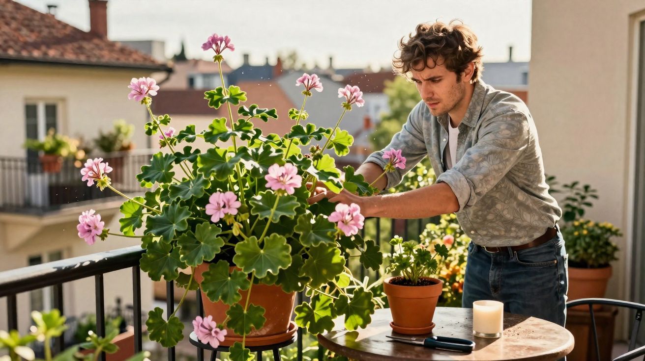 Homem cuidando de plantas com flores rosas em varanda ensolarada durante o dia.