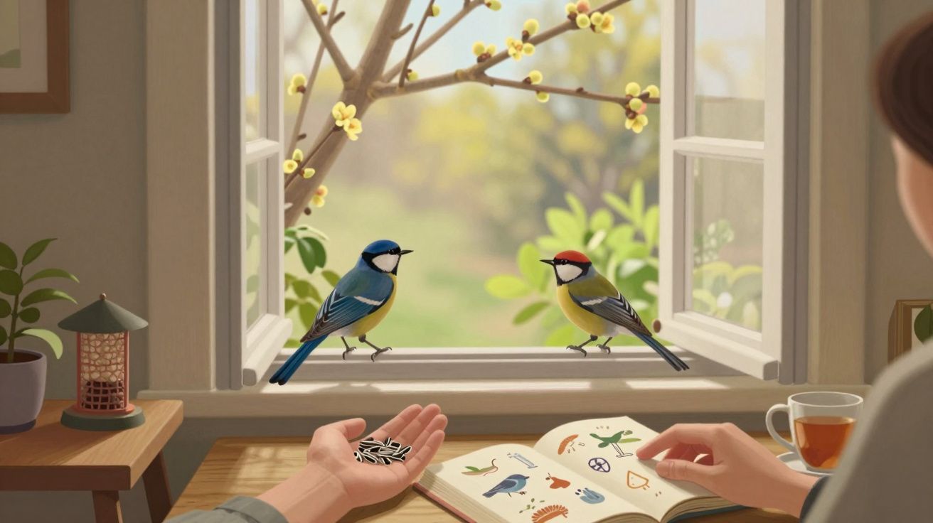 Pessoa alimenta pássaros coloridos na janela aberta enquanto lê livro ilustrado em mesa com xícara de chá.