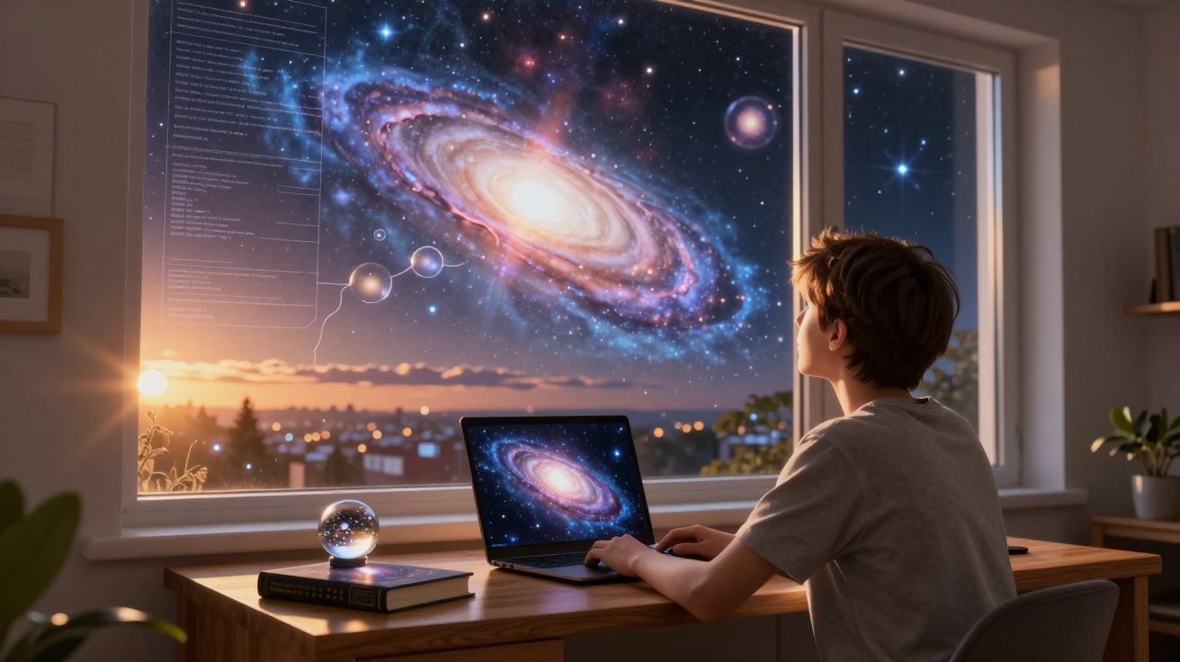 Garoto sentado à mesa observando uma galáxia projetada na janela ao entardecer, com laptop aberto.