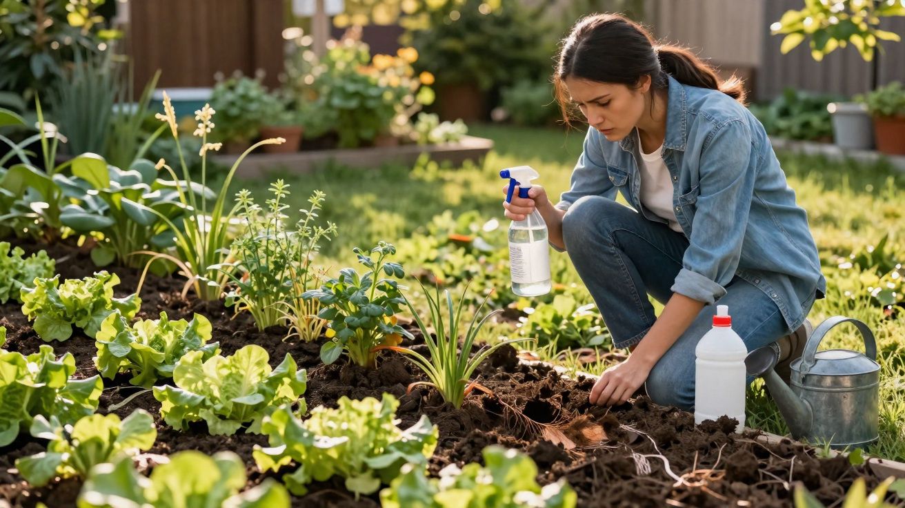 Mulher regando plantas em canteiro de jardim com regador e borrifador em área externa ensolarada.