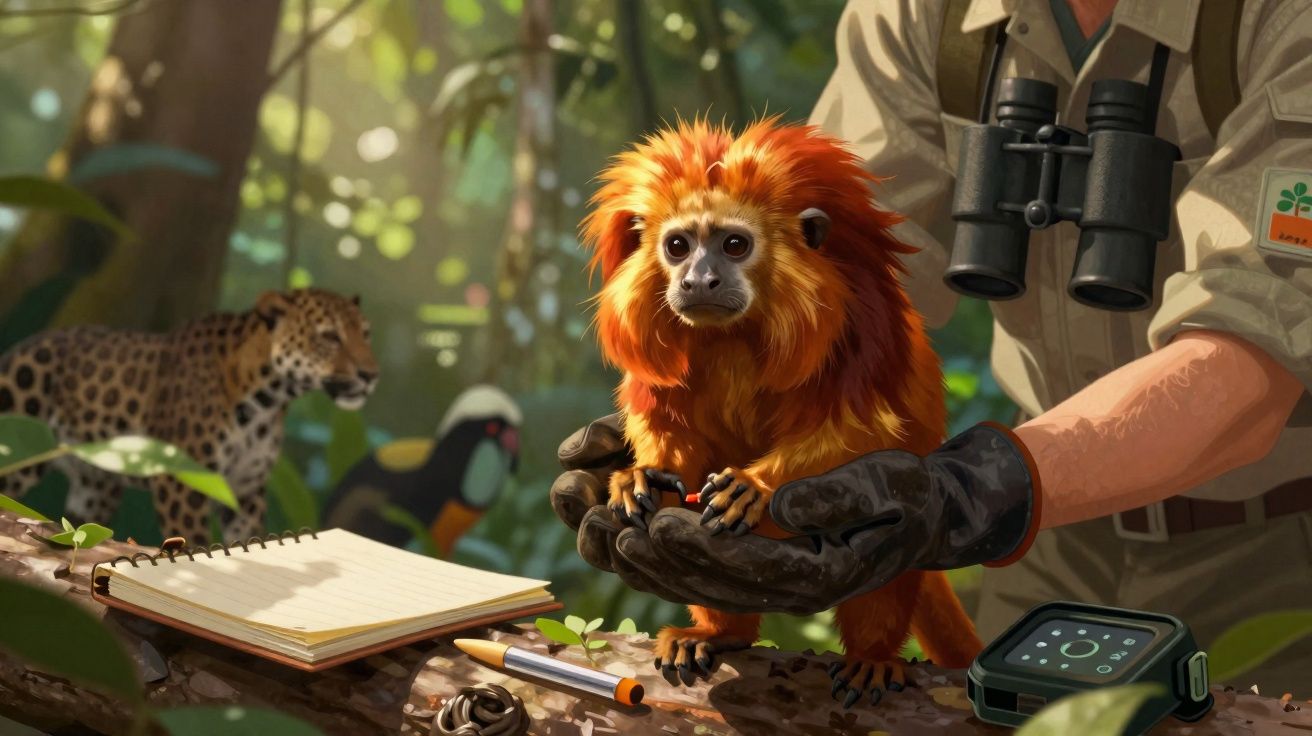 Biólogo segura sagüi-de-tufi laranja em floresta, com onça, tucano, caderno, caneta e smartwatch ao redor.