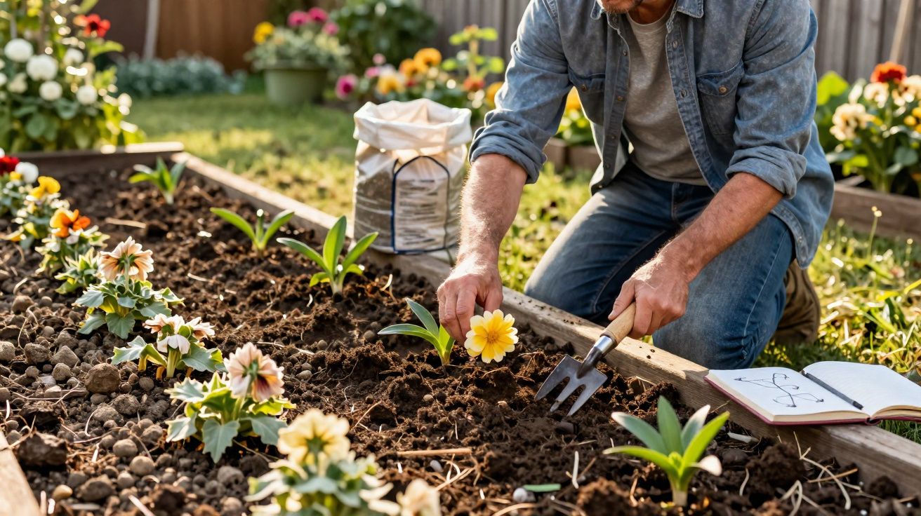 Pessoa plantando flor amarela em canteiro de jardim com ferramentas e caderno ao lado.