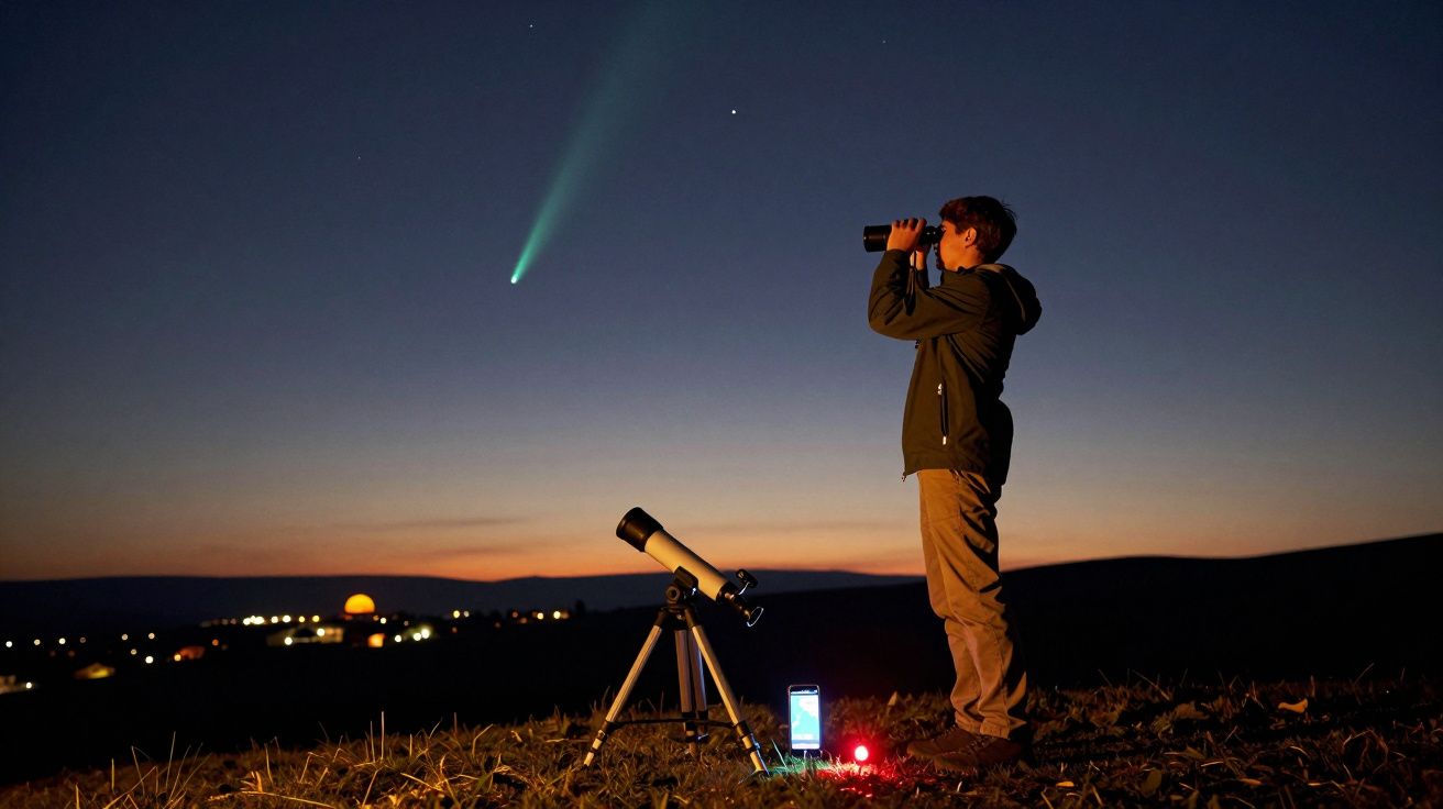 Pessoa utilizando binóculos para observar cometa no céu ao entardecer, com telescópio no chão.