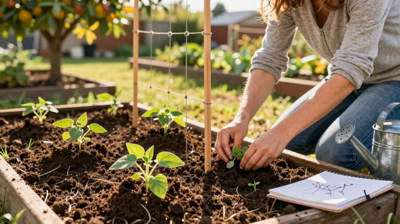 Pessoa plantando mudas em canteiro de jardim com regador e caderno ao lado em dia ensolarado.