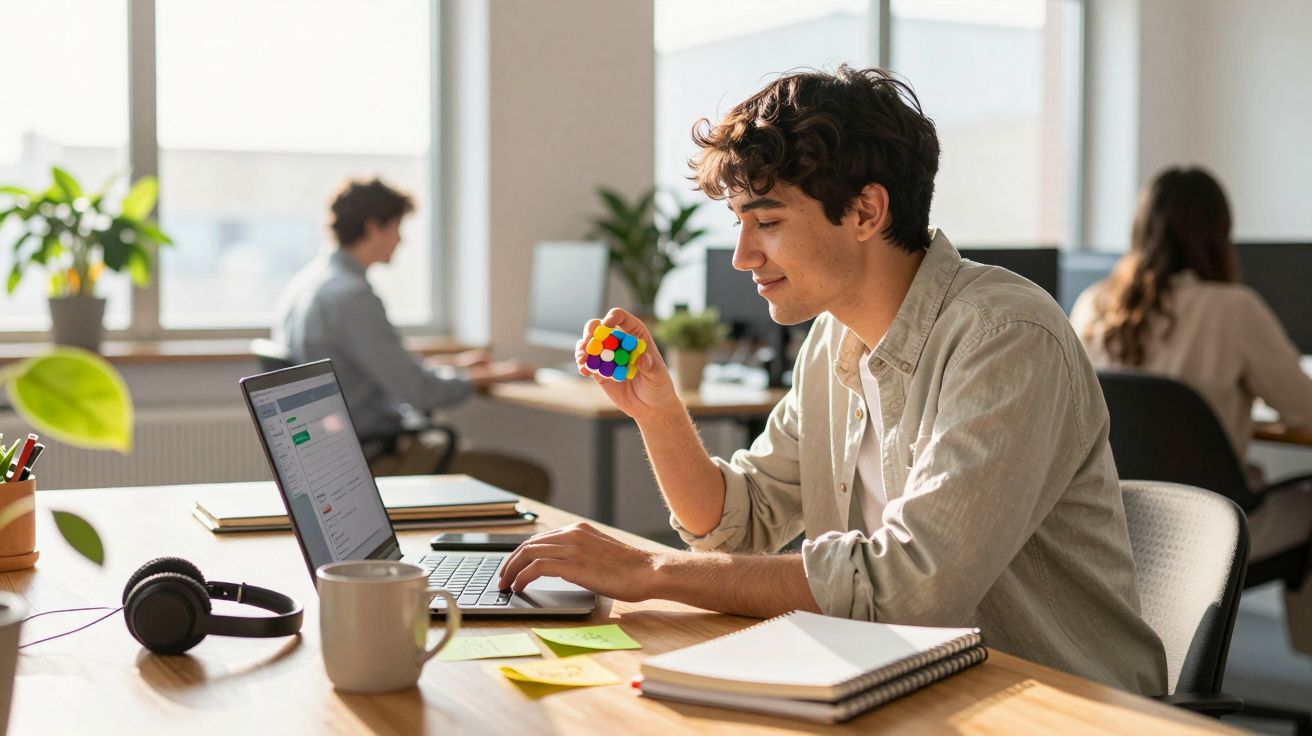 Jovem sentado à mesa do escritório, segurando cubo mágico e usando laptop, com cadernos e caneca à frente.