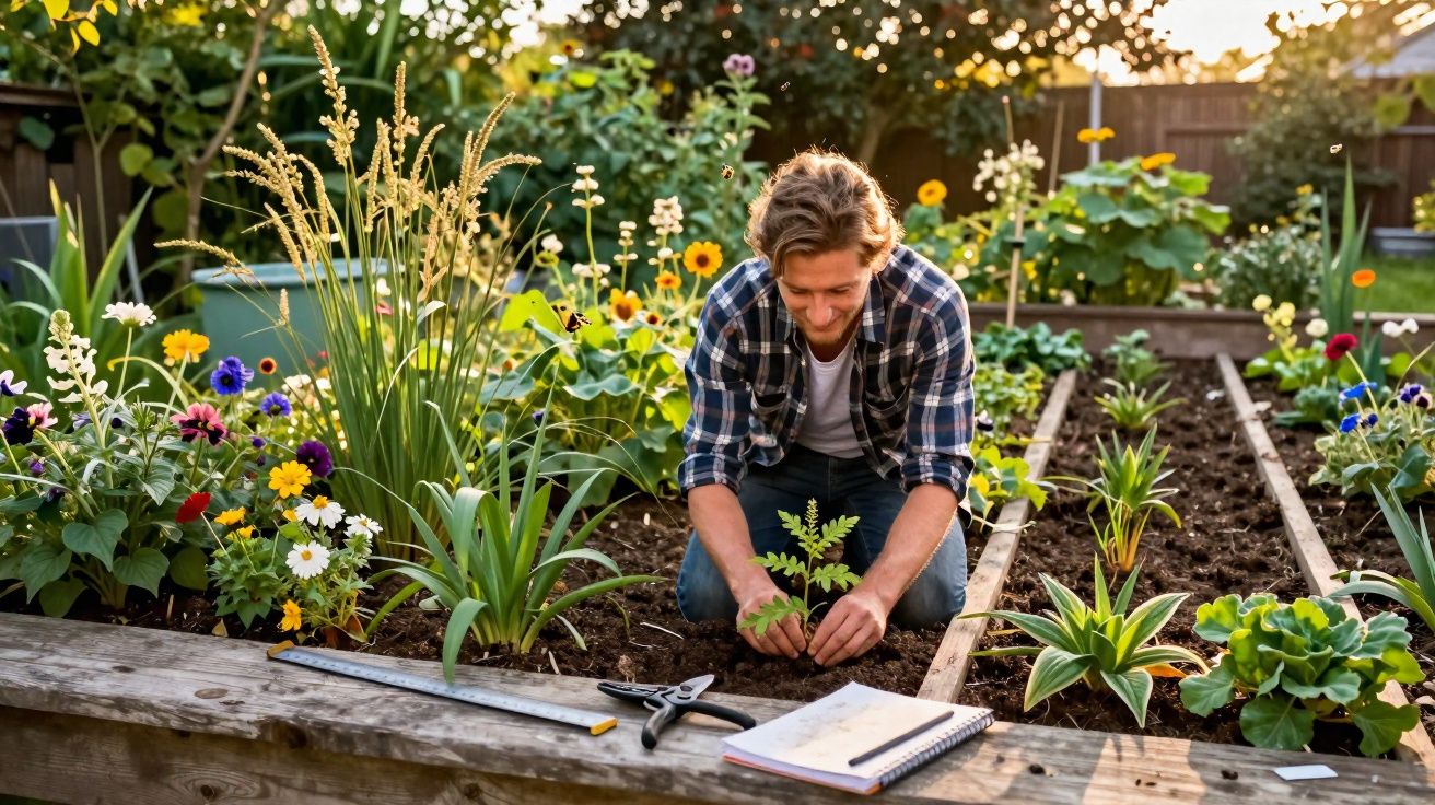 Homem cultivando planta em canteiro de jardim florido ao entardecer.