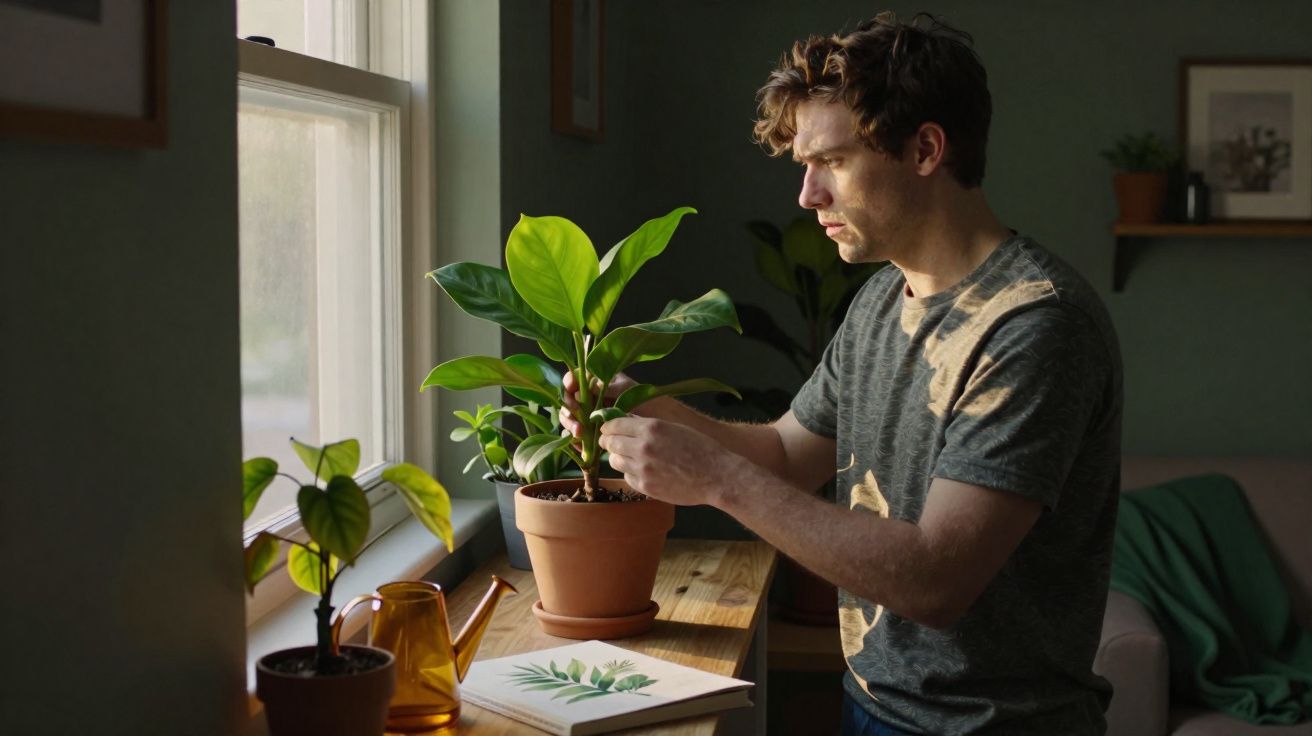 Homem cuidando de plantas em vaso sobre mesa perto de janela iluminada por luz natural.
