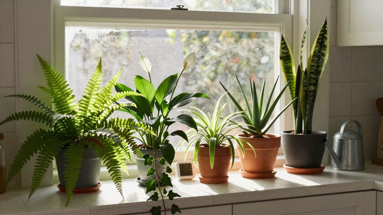 Plantas variadas em vasos sobre bancada iluminada pelo sol, com janela ao fundo e regador de metal ao lado.