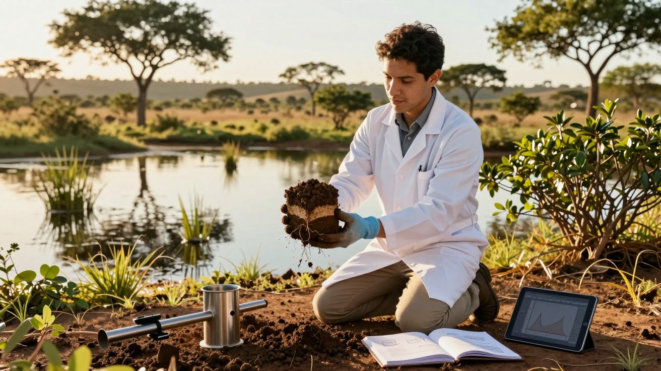 Pesquisador em jaleco analisa amostra de solo perto de lago, com livros e equipamento de medição ao redor.