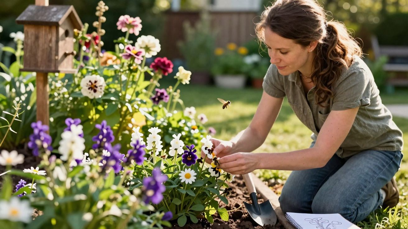 Mulher cuidando de flores coloridas em jardim residencial ensolarado com caixa de madeira e abelha voando.