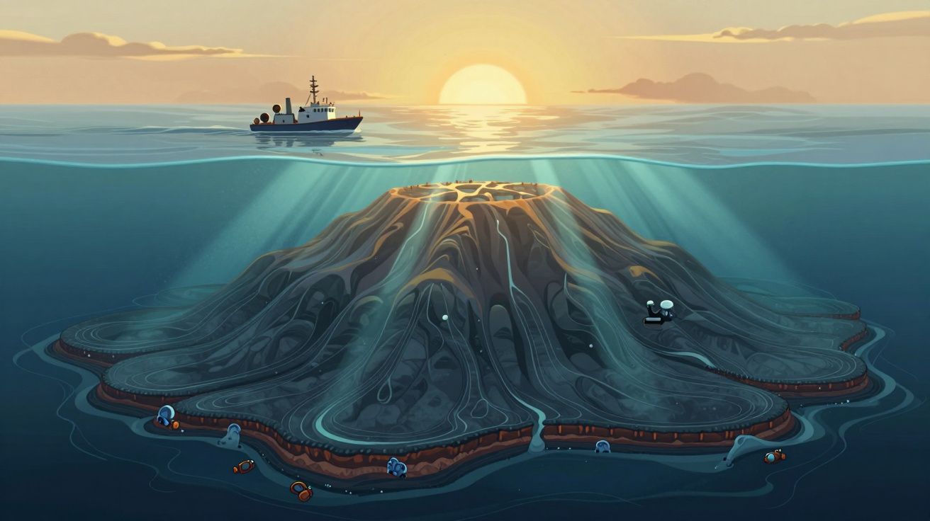 Ilustração mostra vulcão submarino emergindo do mar com barco no pôr do sol ao fundo.