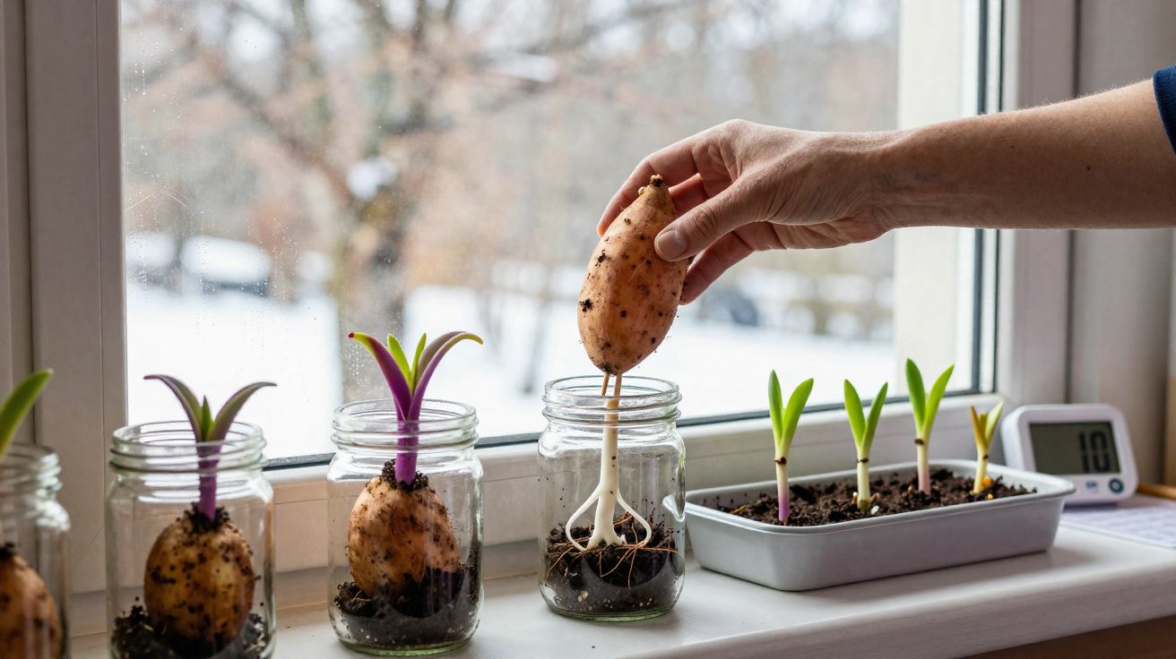 Mãos plantando batata-doce em frascos com terra, brotos verdes ao lado em recipiente na janela.