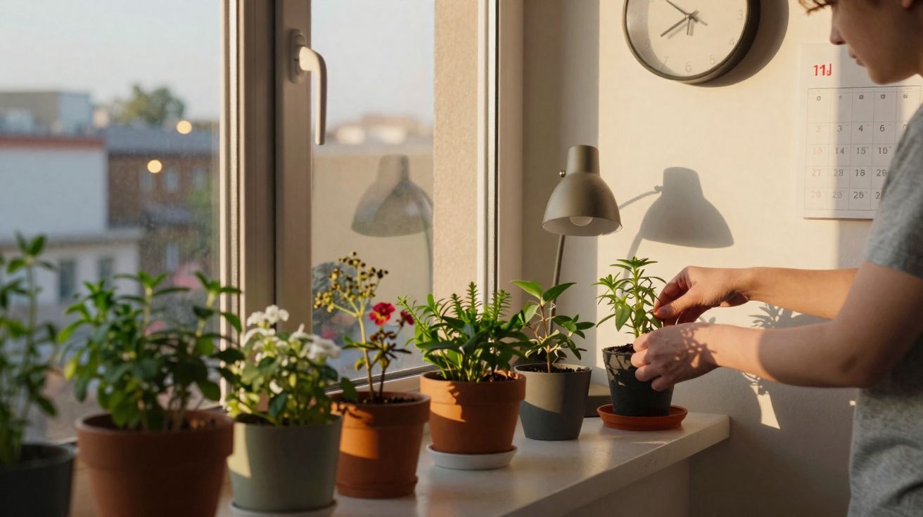 Pessoa cuidando de plantas em vasos na janela com luz natural ao entardecer.