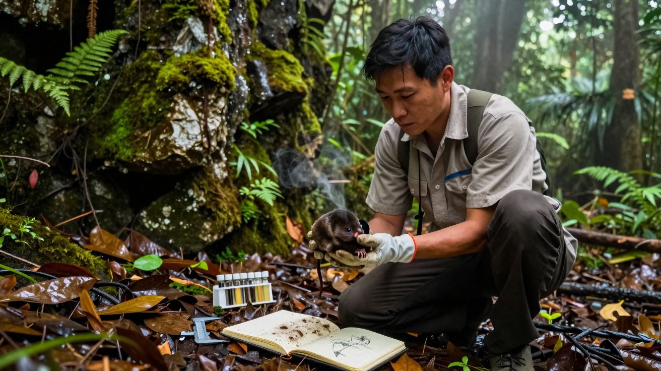 Pesquisador segura filhote de animal na floresta, com caderno de anotações e tubos de coleta no chão.