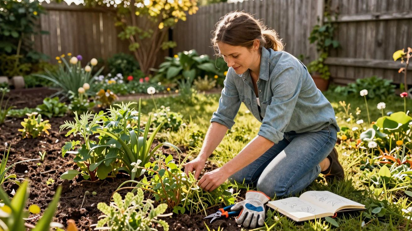 Mulher cuidando de plantas em um jardim, com luvas e livro aberto ao lado no gramado.