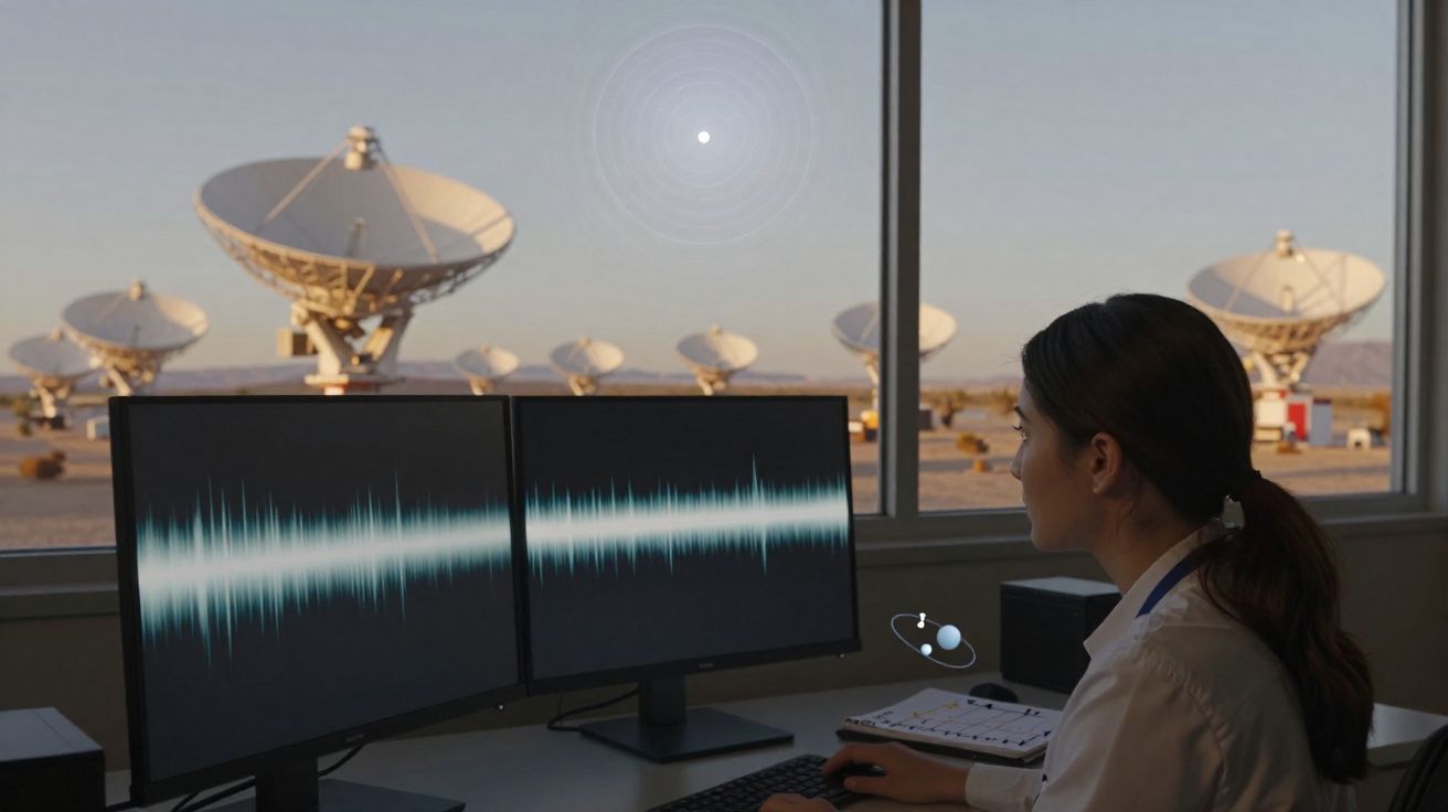 Mulher observando dados em dois monitores, com grandes antenas parabólicas ao fundo, vista pelo vidro.