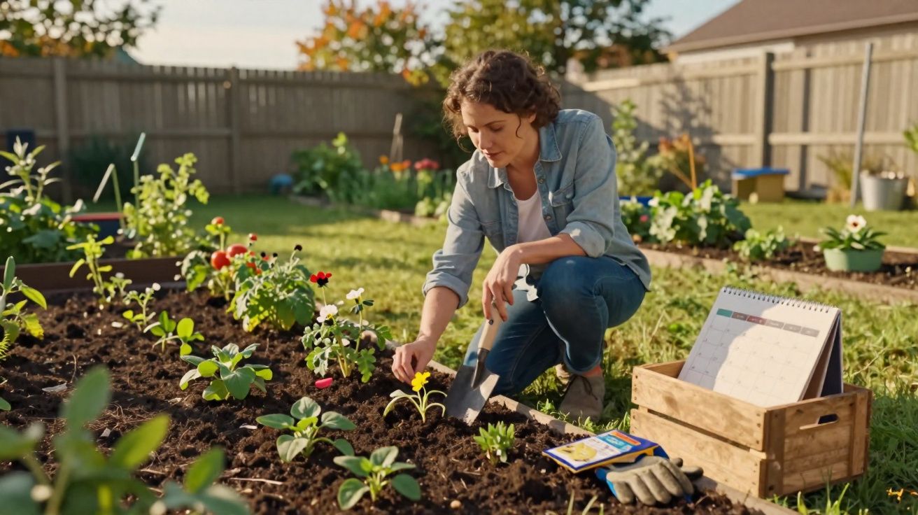 Mulher cuidando de plantas em canteiro de jardim em área externa residencial ensolarada.