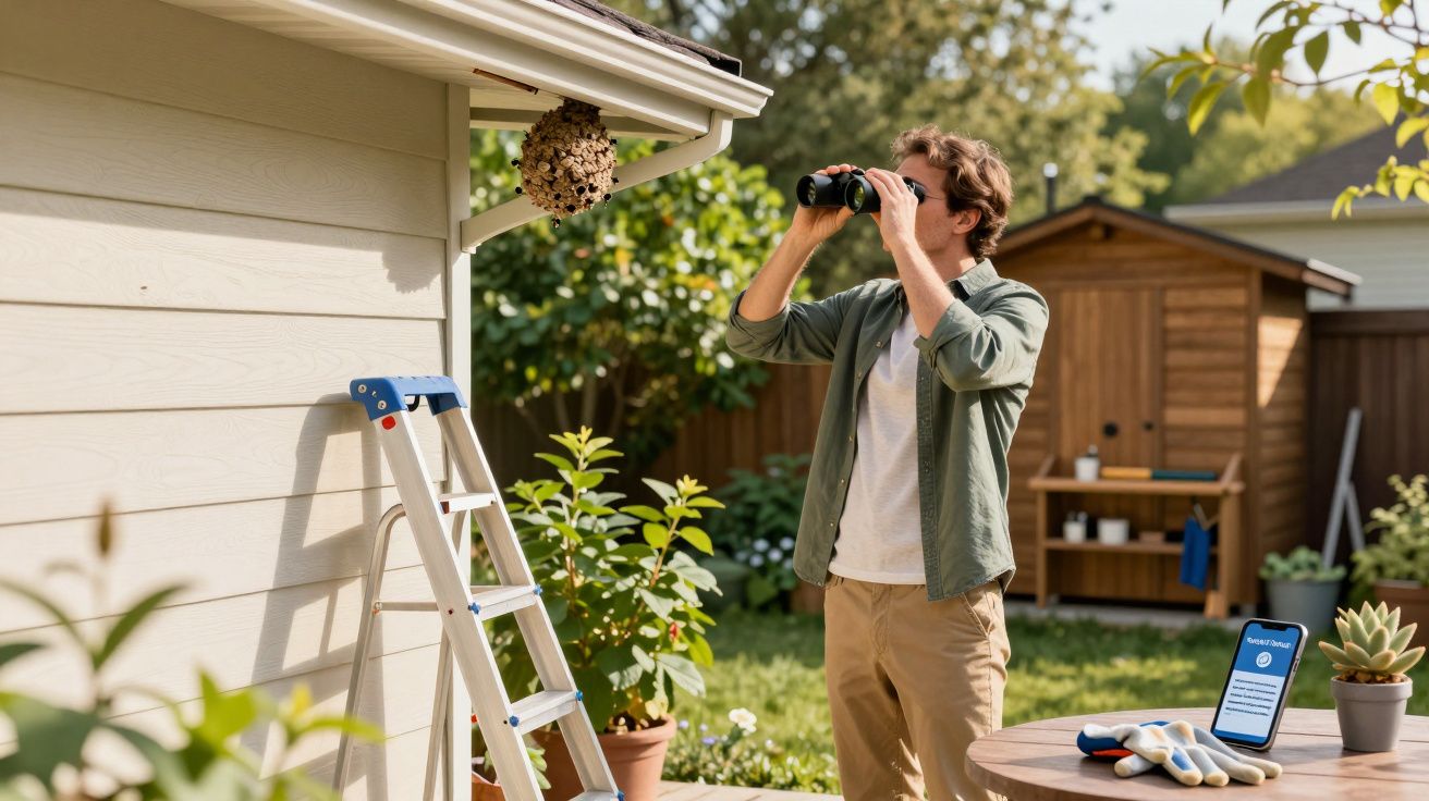 Homem observando um ninho suspenso em casa com binóculo, ao lado de escada e mesa com luvas e tablet no jardim.