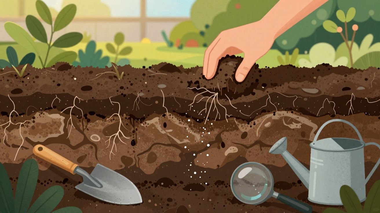 Mão plantando semente na terra com pá, regador e lupa em solo com raízes e plantas ao fundo.