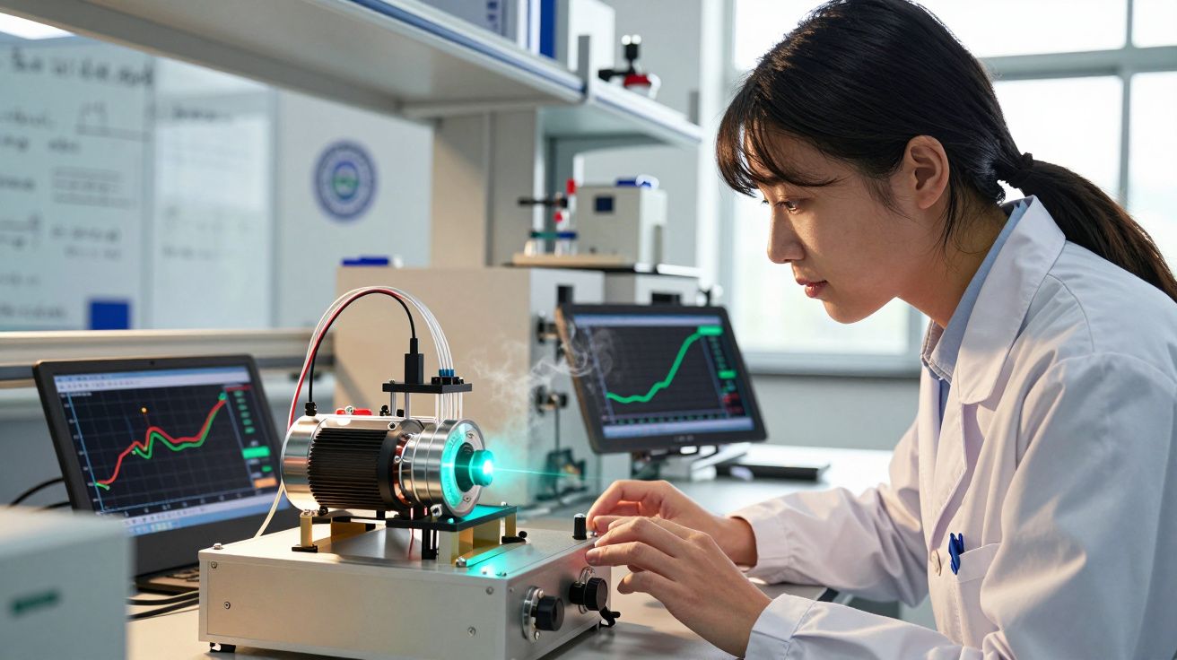 Cientista mulher em jaleco operando equipamento tecnológico com luz azul em laboratório moderno.
