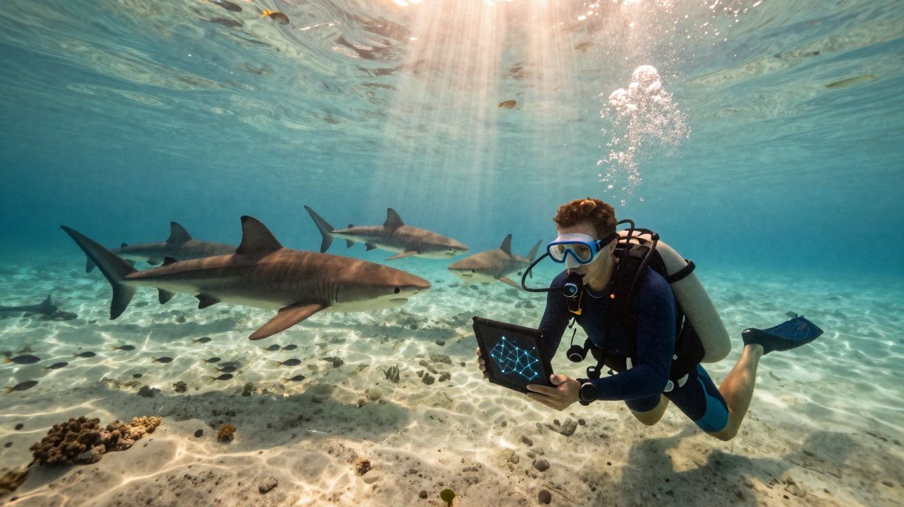 Mergulhador usando tablet submerso próximo a vários tubarões no fundo do mar com luz solar filtrada.