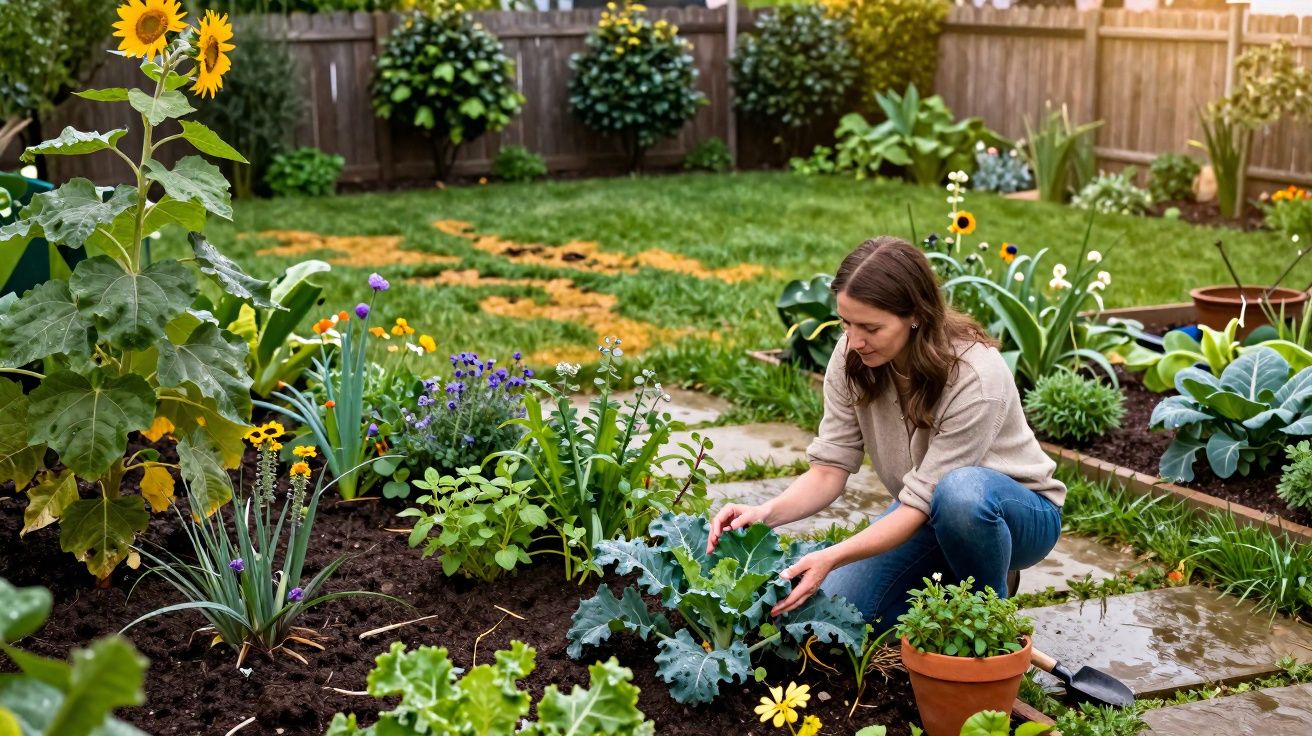 Mulher cuidando de plantas e hortaliças em jardim com flores e girassóis ao fundo.