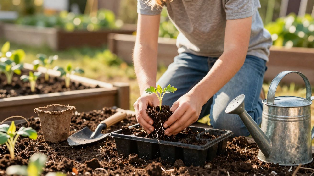 Pessoa transplantando muda de planta em bandeja com ferramenta de jardinagem e regador ao lado.