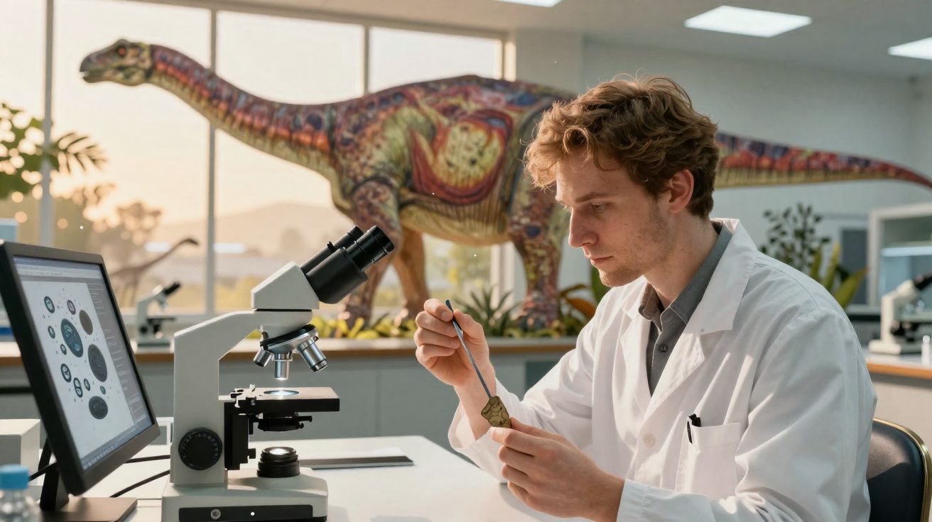 Pesquisador em laboratório examina fóssil com pinça, microscópio e modelo de dinossauro ao fundo.