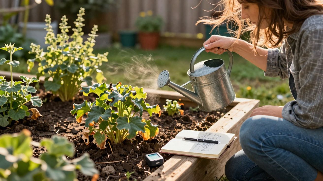 Mulher regando plantas em canteiro elevado com regador de metal em jardim ensolarado.