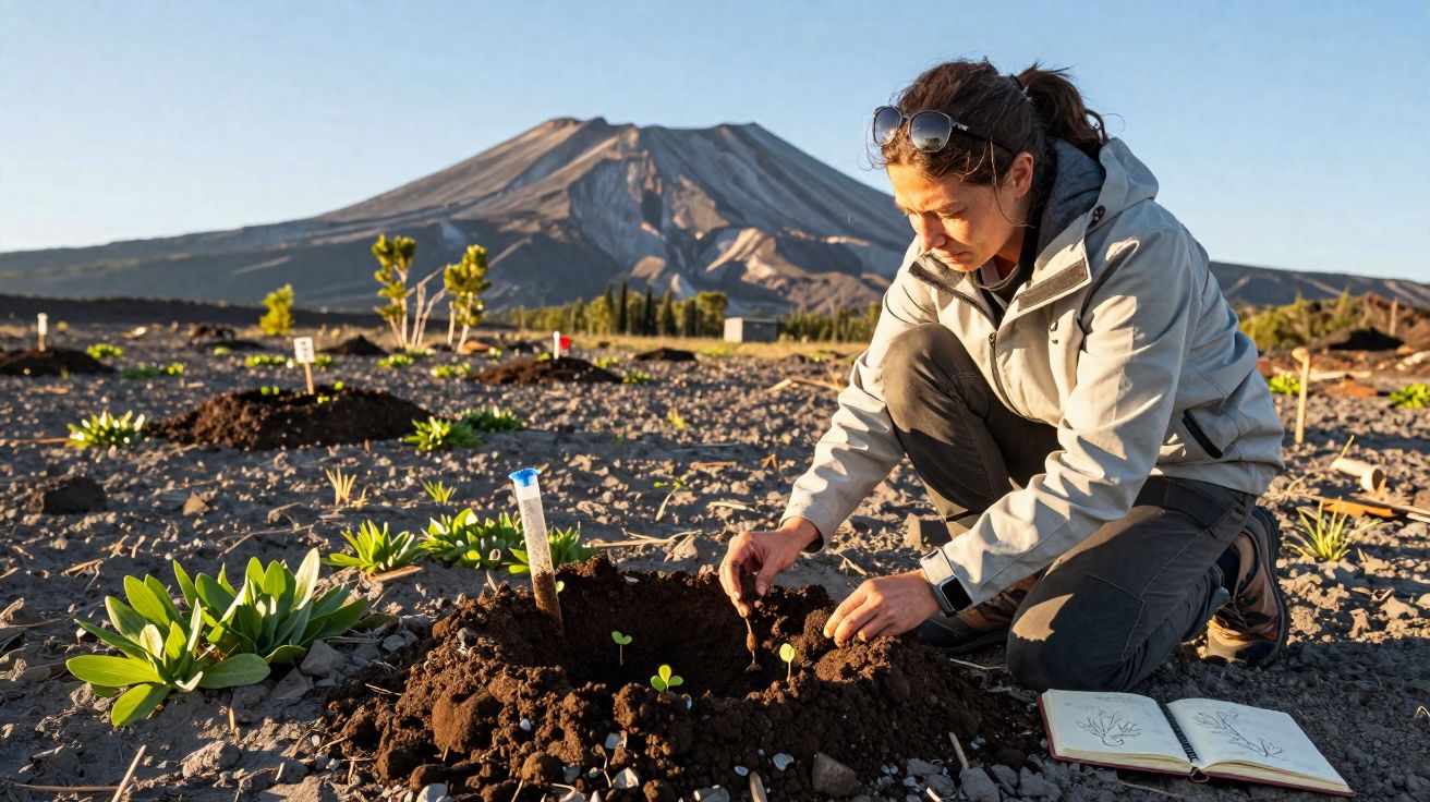 Mulher plantando mudas em solo vulcânico com montanha ao fundo e caderno aberto ao lado.