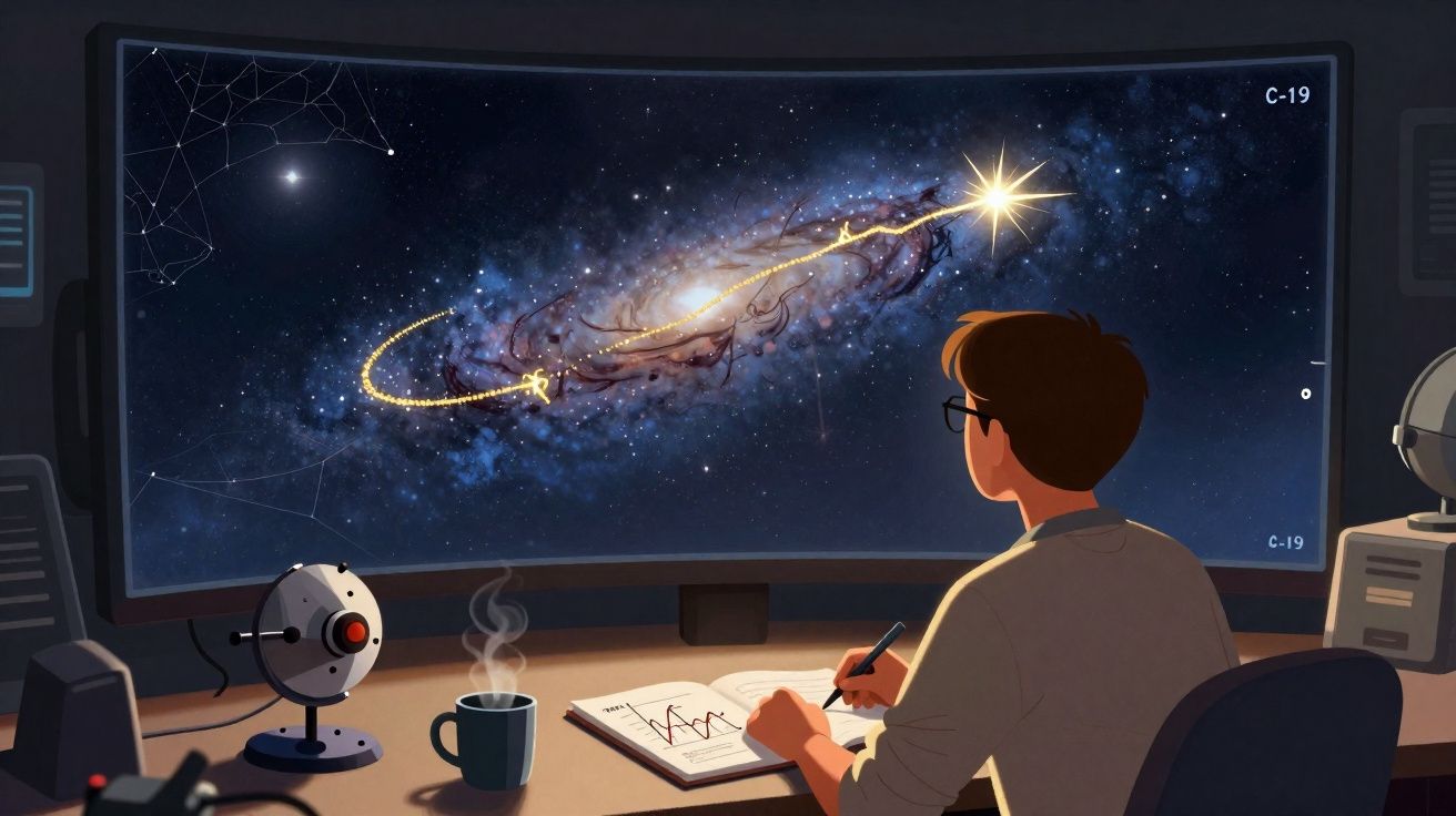 Pessoa estudando constelações e galáxias em uma tela curva grande, com café e caderno na mesa.