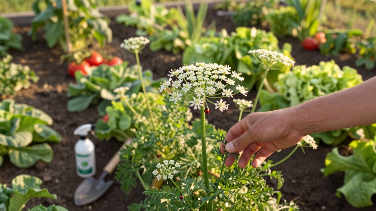 Mão cuidando de planta com flores brancas em jardim com hortaliças, pá e pulverizador ao fundo.