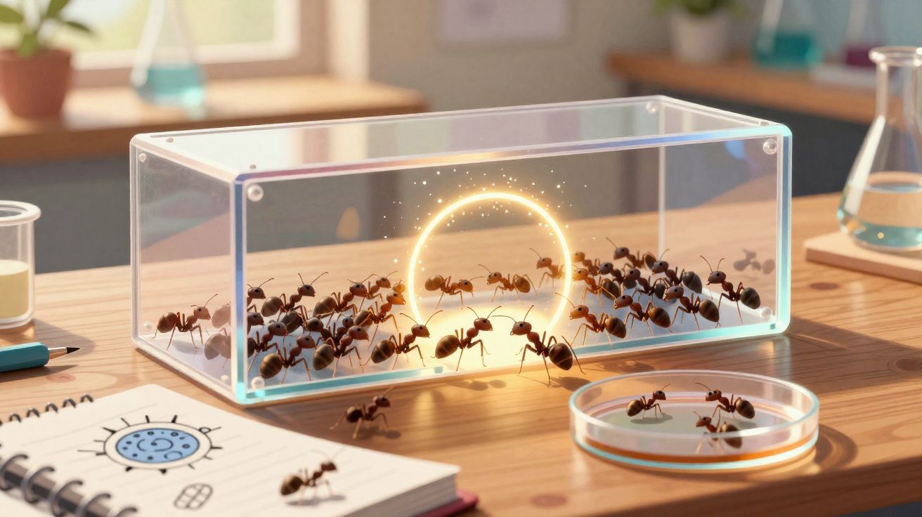 Formigueiro em caixa de vidro com um círculo luminoso no centro sobre mesa com caderno e materiais.