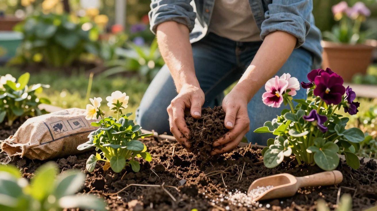 Pessoa preparando terra para jardinagem ao ar livre com flores coloridas e saco de substrato ao lado.