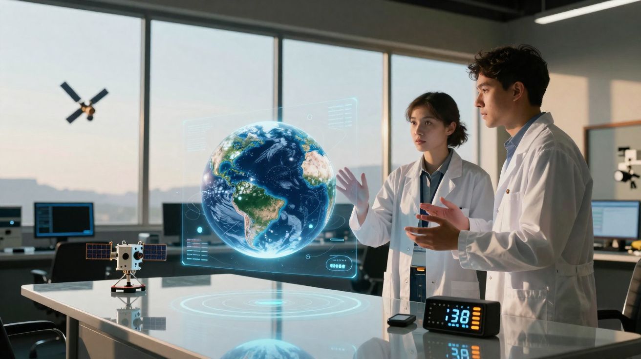 Dois cientistas em laboratório analisam globo terrestre holográfico flutuante sobre mesa branca.