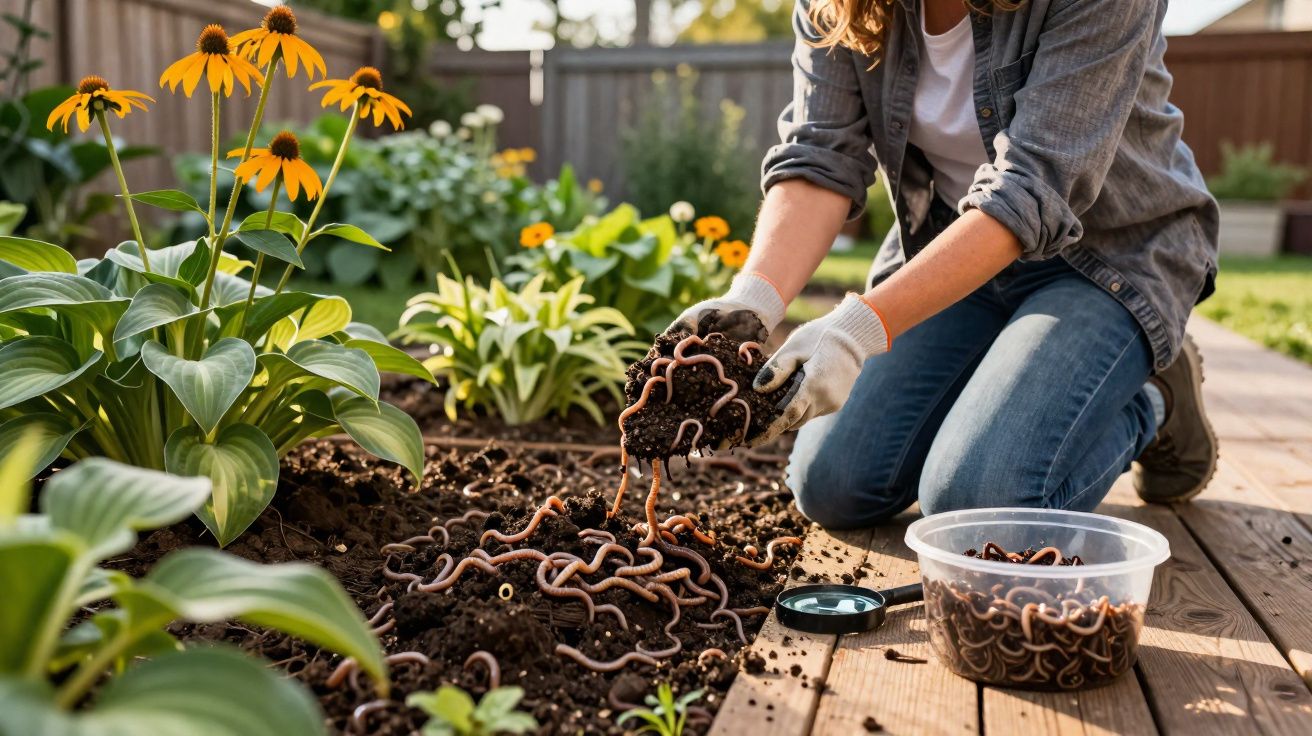 Pessoa com luvas solta minhocas no solo de um jardim com flores amarelas e plantas verdes.