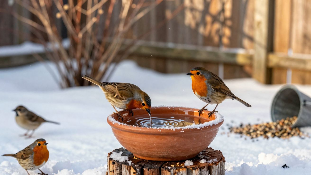 Pássaros com peito laranja bebendo água em tigela de barro sobre tronco em jardim com neve.