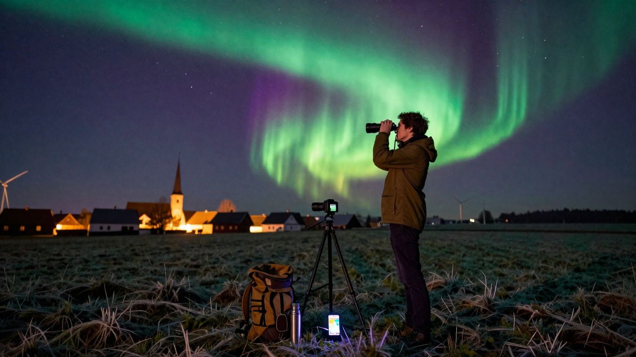 Pessoa observando a aurora boreal com binóculos em campo, com câmeras e vila ao fundo à noite.