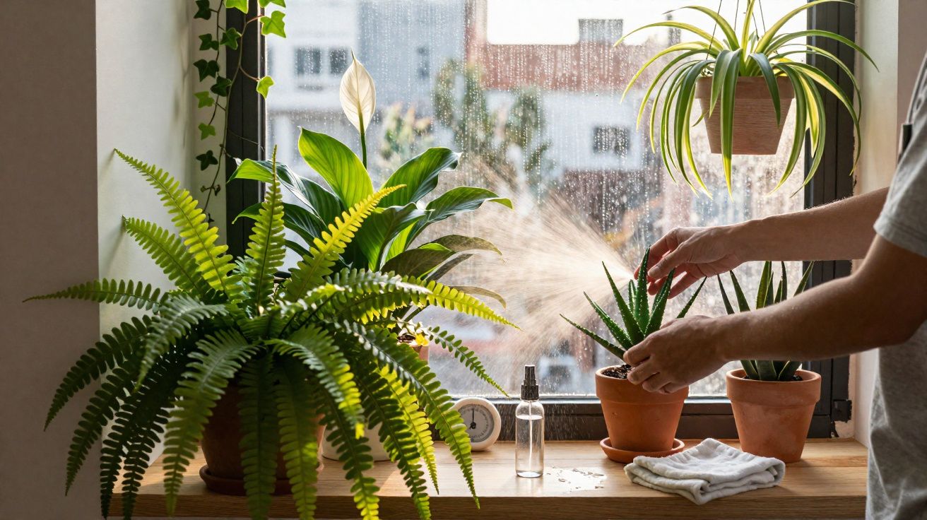 Pessoa regando plantas variadas em vasos sobre um parapeito de janela com chuva do lado de fora.