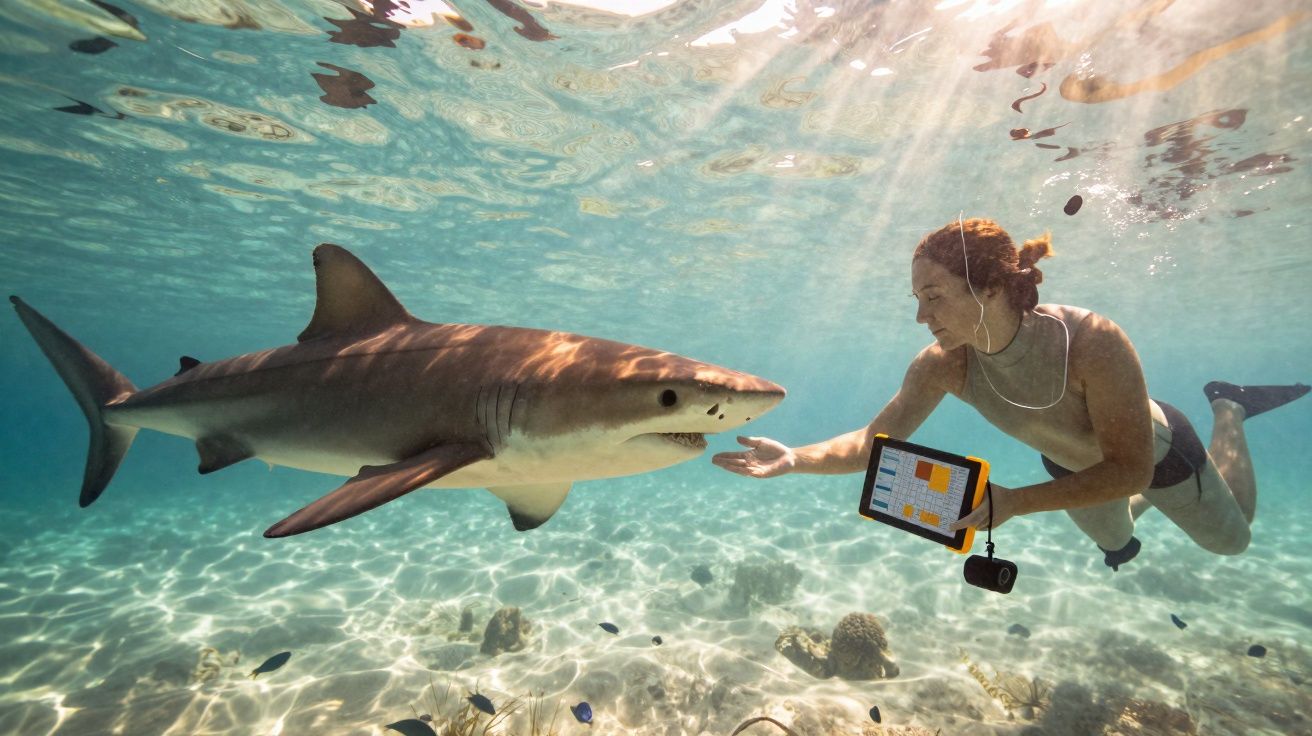 Mergulhadora segurando tablet interage com tubarão em águas claras de recife marinho.