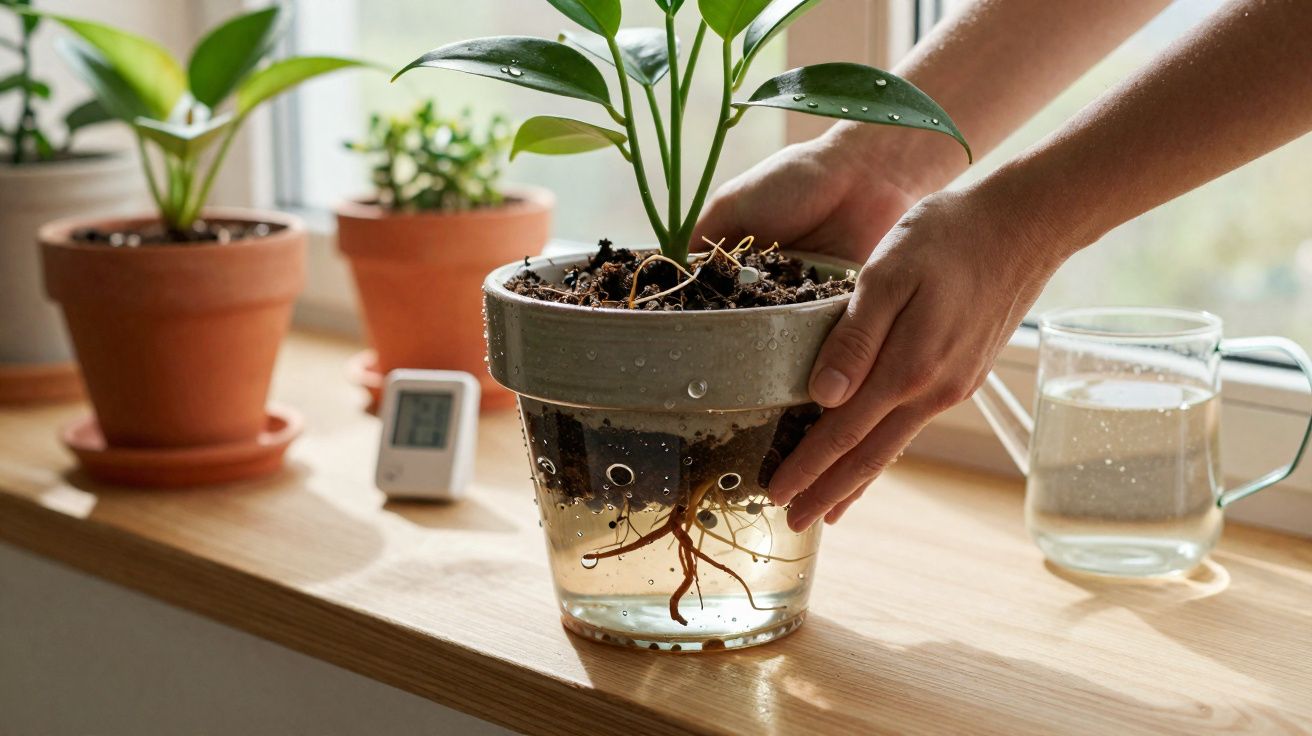 Mãos segurando vaso transparente com planta, raízes visíveis em água, perto de janela com outros vasos.
