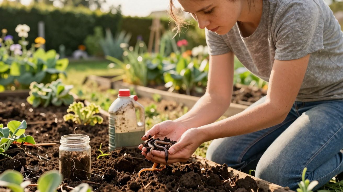 Pessoa segurando minhocas para adubar solo em canteiro de jardim com plantas ao redor.