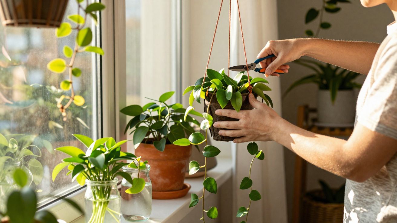 Pessoa cuidando de planta pendurada com tesoura perto da janela com luz natural.