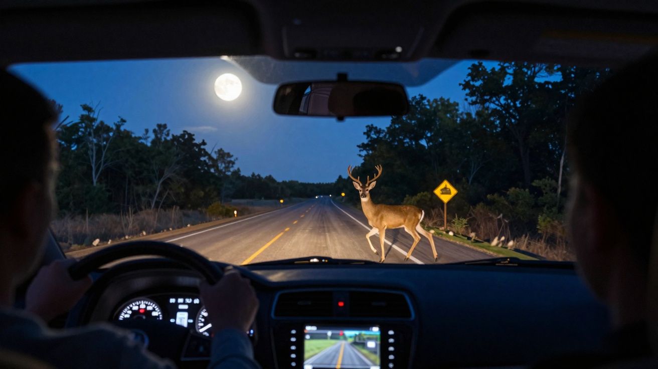 Veado atravessando estrada à noite com lua cheia, visto de dentro de um carro com duas pessoas.