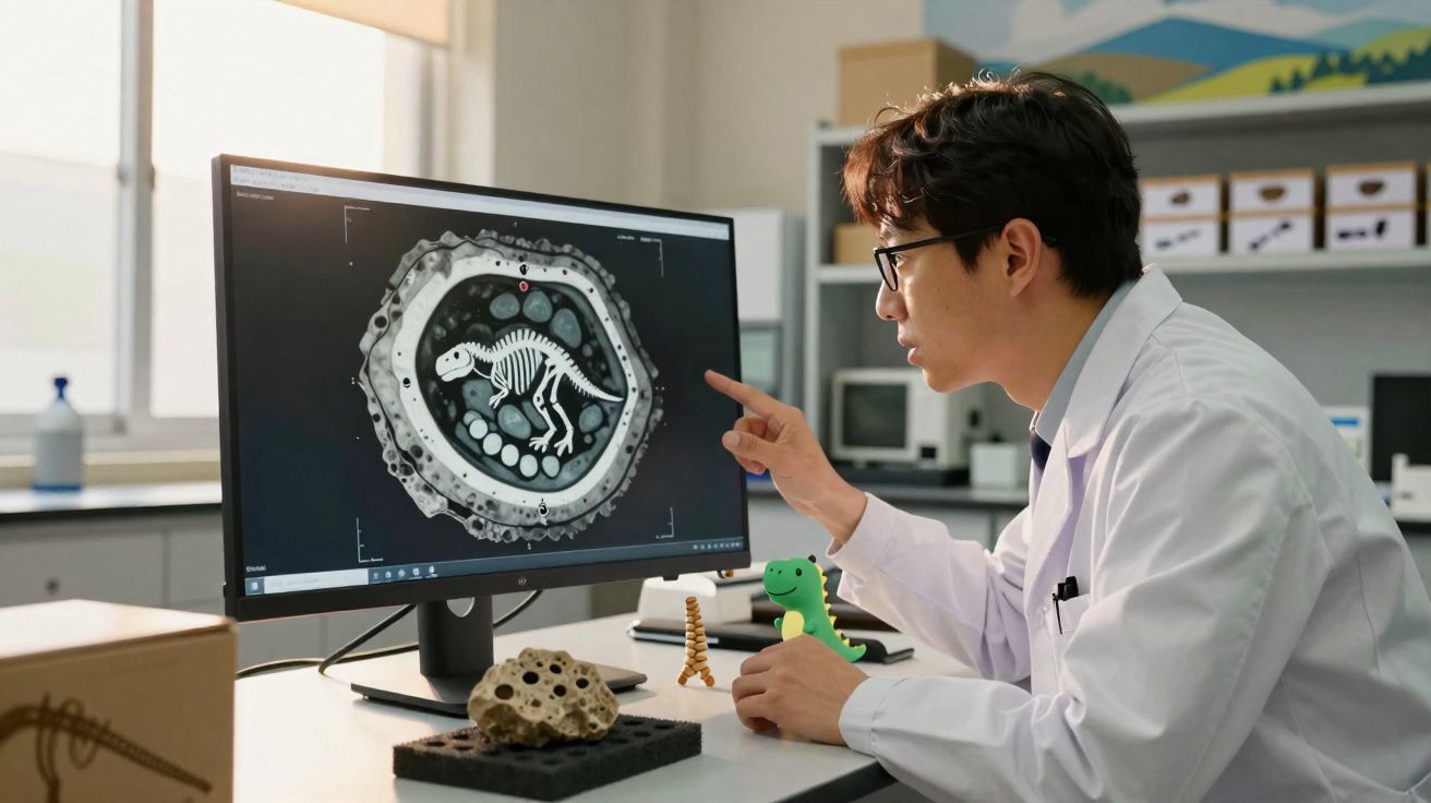 Pesquisador em laboratório analisa imagem de fóssil de dinossauro na tela do computador.
