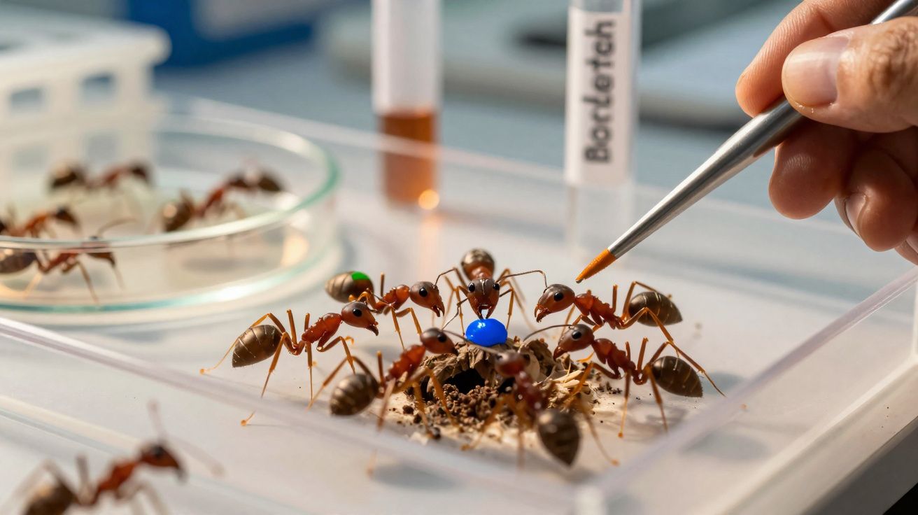 Formiga sendo alimentada com micropipeta em laboratório com várias formigas em torno do alimento azul.