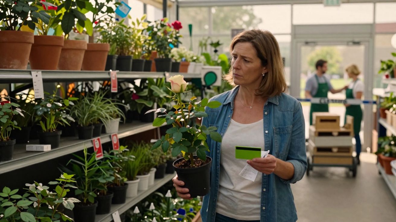 Mulher segurando vaso com rosa branca em loja de plantas enquanto segura cartão e recibo.