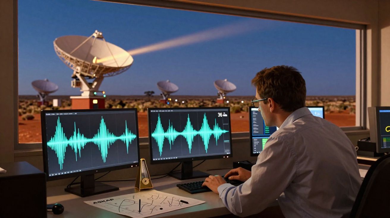 Homem em laboratório monitora ondas sonoras em três monitores com antenas parabólicas ao fundo durante o entardecer.