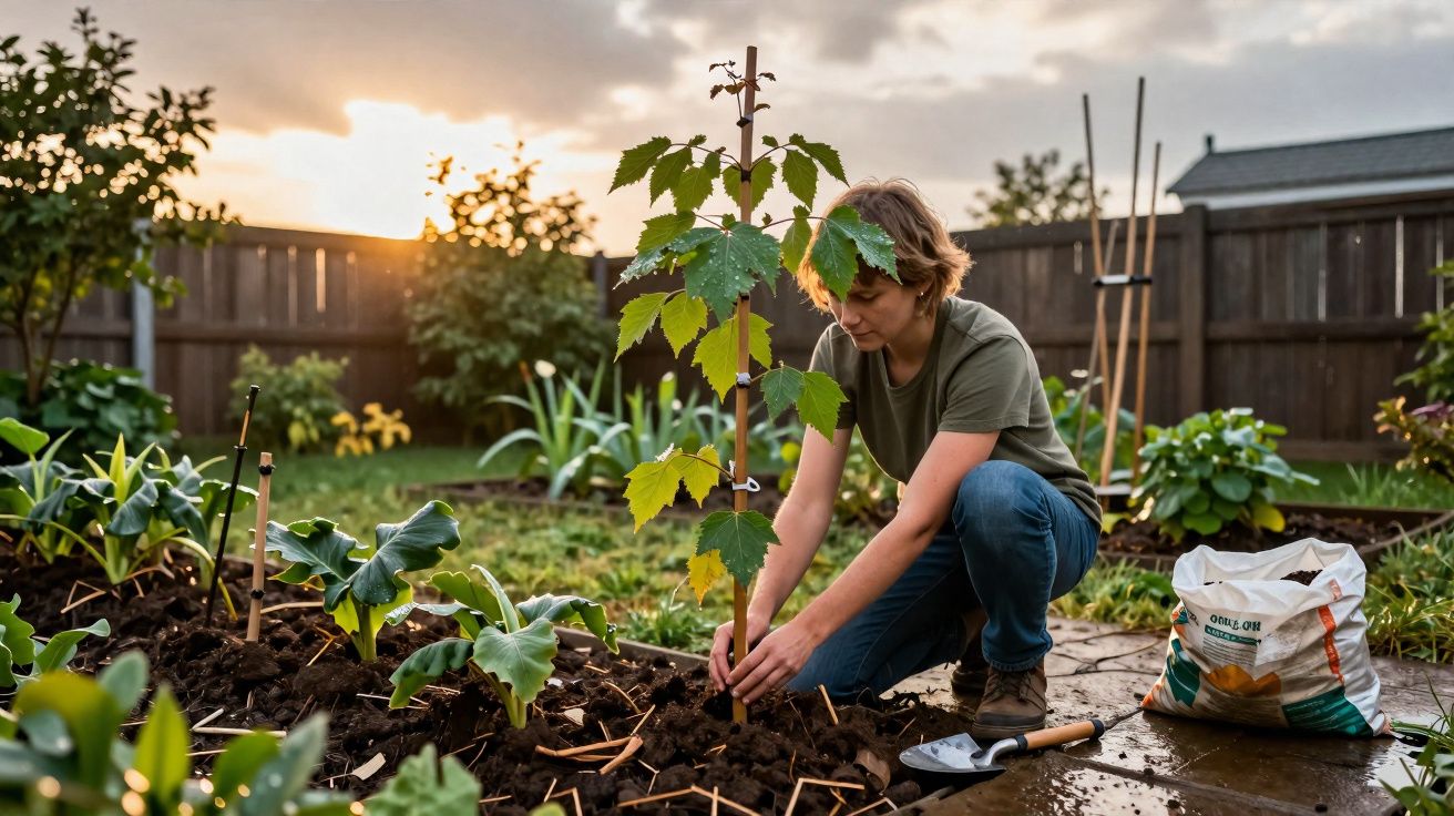 Pessoa plantando muda em jardim residencial ao pôr do sol com ferramentas e saco de composto ao lado.